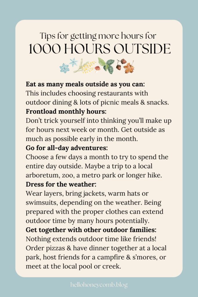 List of tips for getting more hours outside for the 1000 Hours Outside Challenge