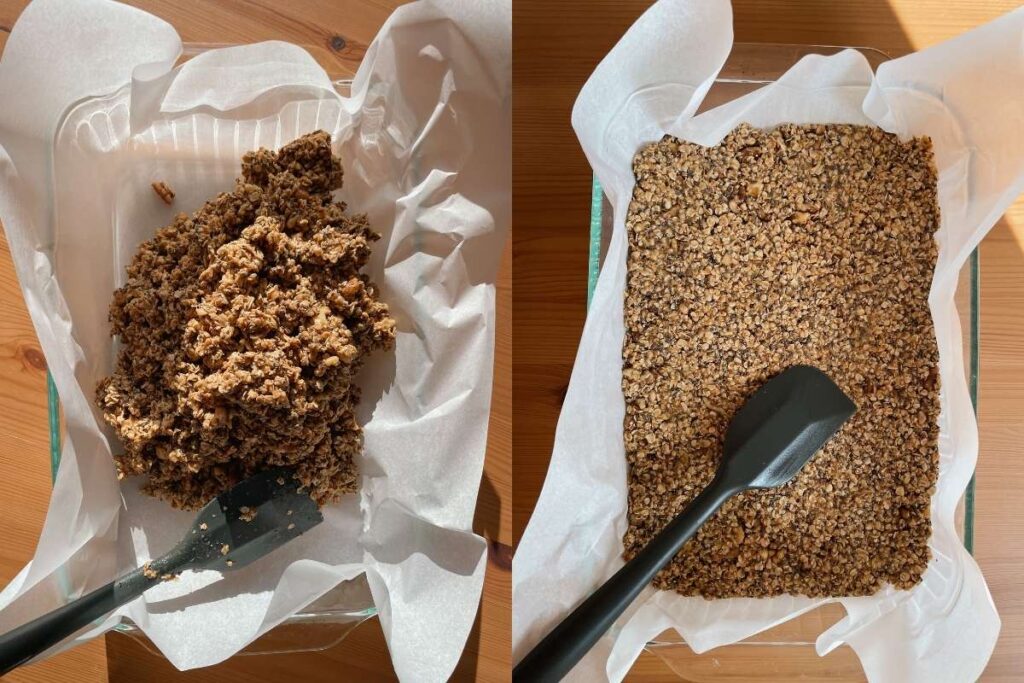 Grid of two photos side by side, on left parchment lined baking pan with granola bar mixture poured in, on right parchment lined baking pan with granola bar mixture pressed down with spatula