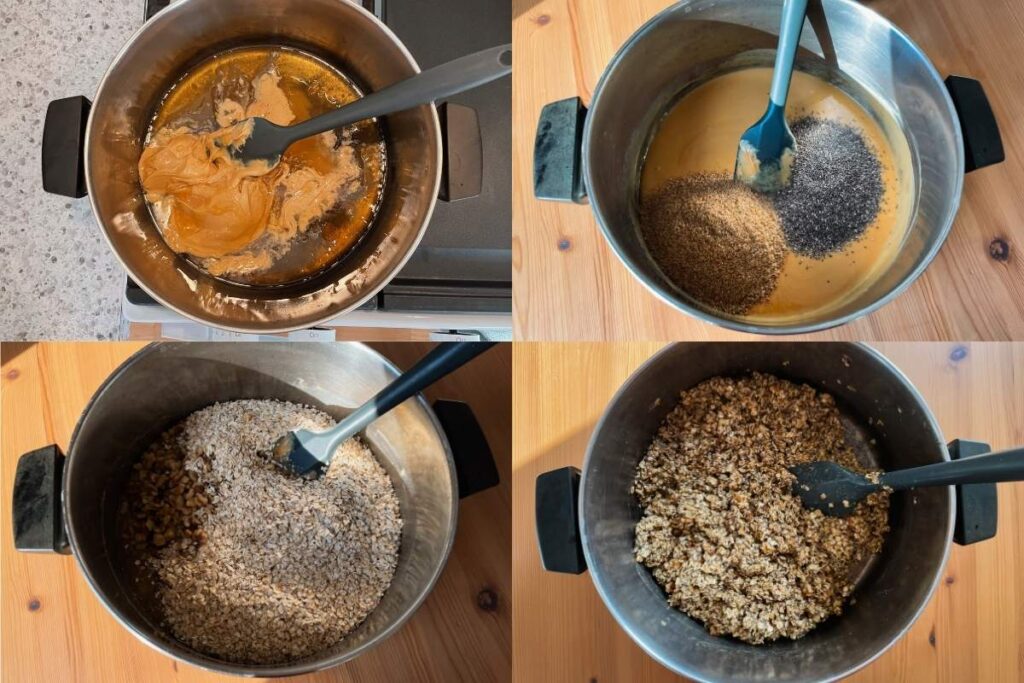 Grid of four photos of large metal pot with ingredients being progressively added and mixed in