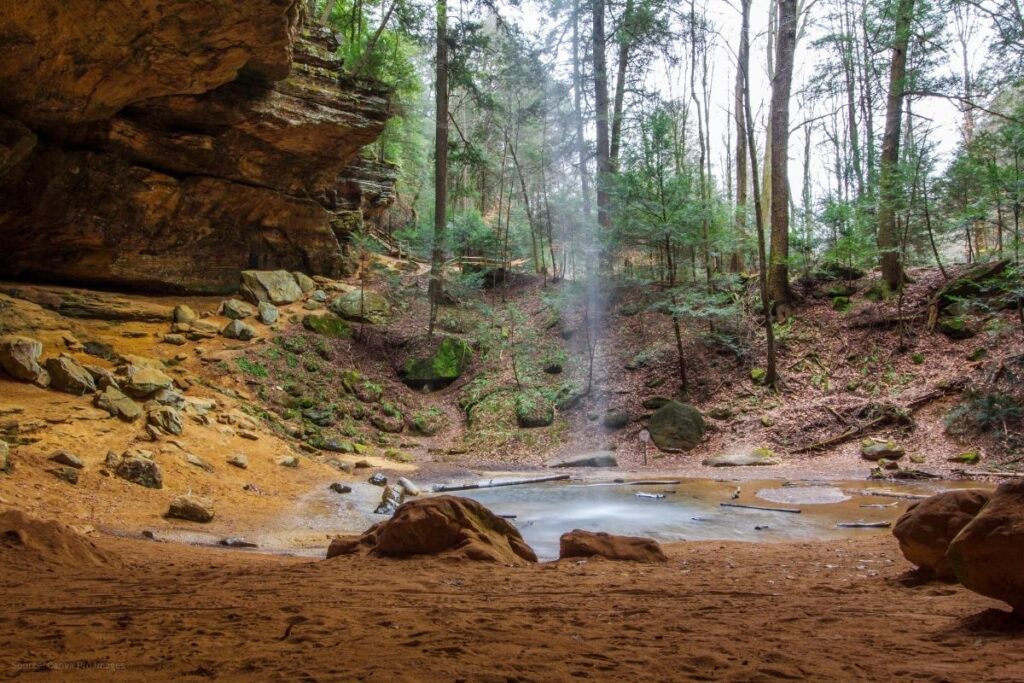 Waterfall spilling into pool within a recess cave