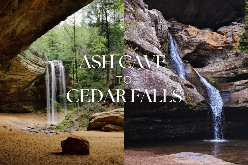 Dual photo of waterfalls with text overlaid that reads Ash Cave to Cedar Falls