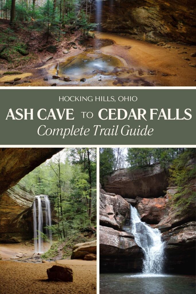 Graphic picturing waterfalls with the words overlaid Hocking Hills, Ohio Ash Cave to Cedar Falls Complete Trail Guide