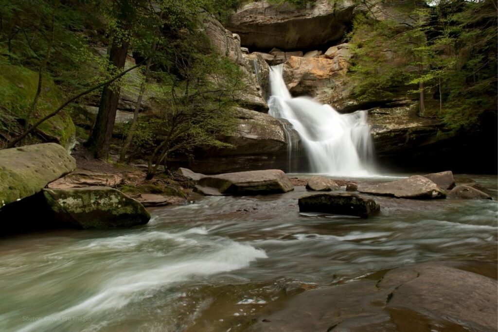 Waterfall spilling over rocks into a pool at Cedar Falls in Hocking Hills