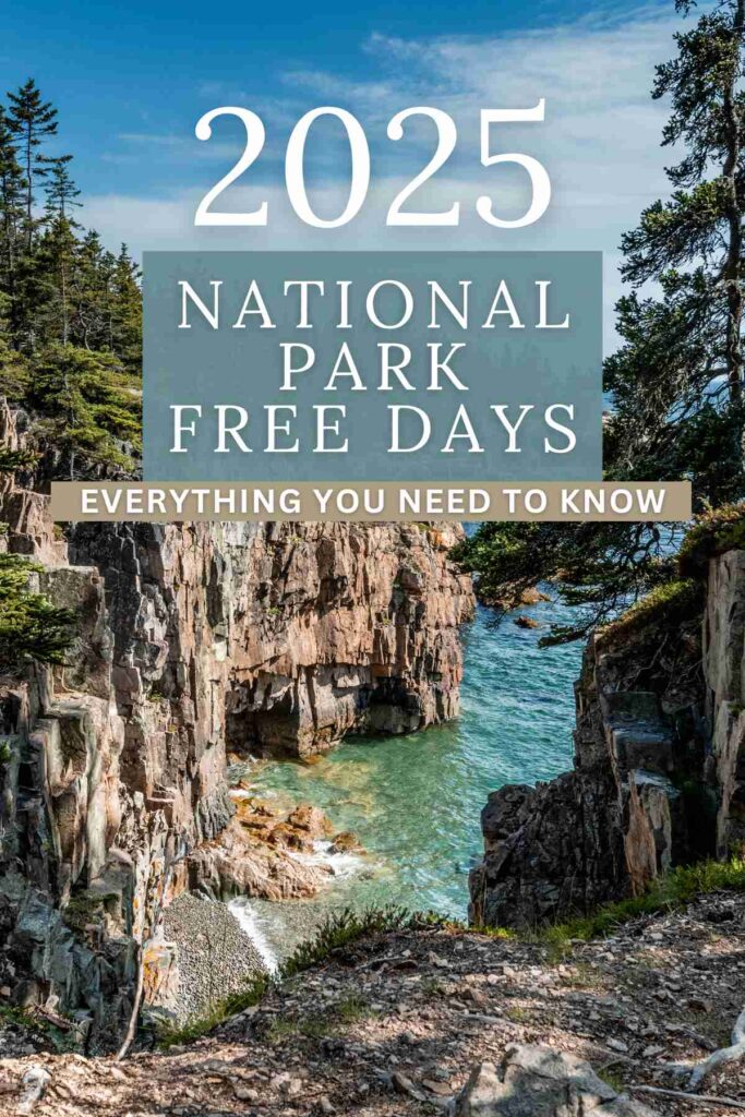 Scene of rocky cliffs and trees with blue water below at Acadia National Park with words 2025 National Park Free Days Everything you Need to Know overlaid