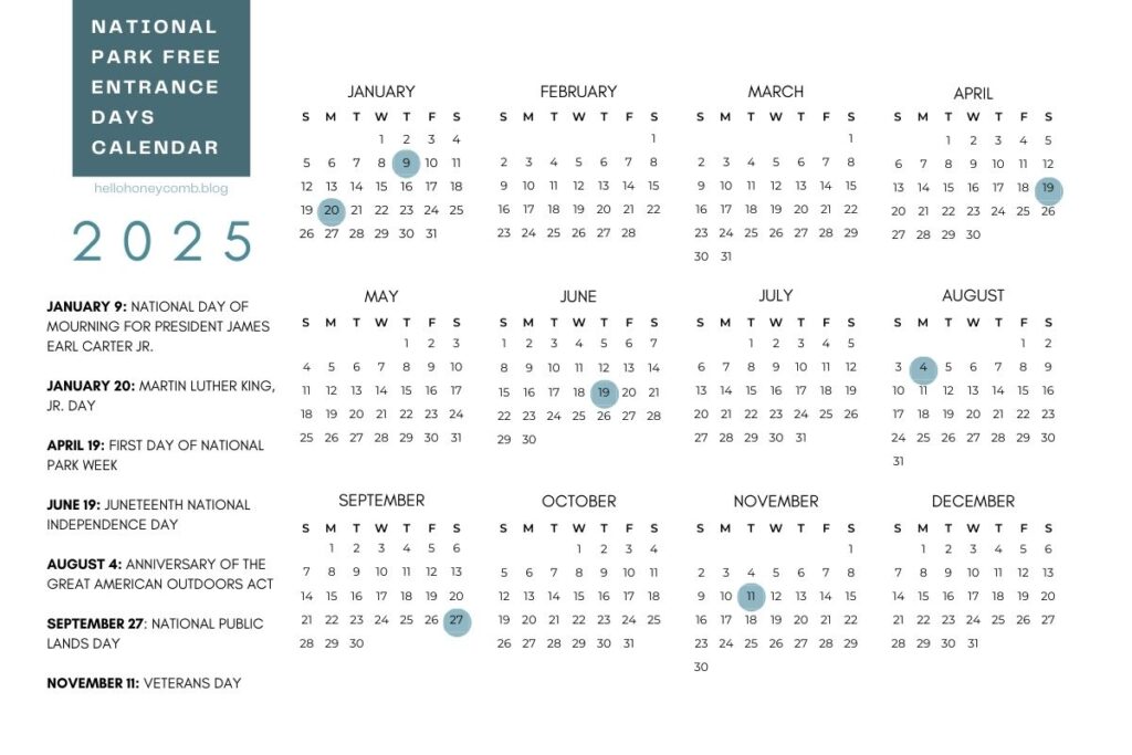 National Parks Free Days Calendar 2025