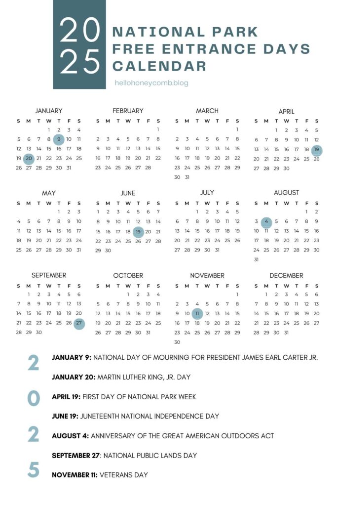 National Parks Free Days Calendar 2025