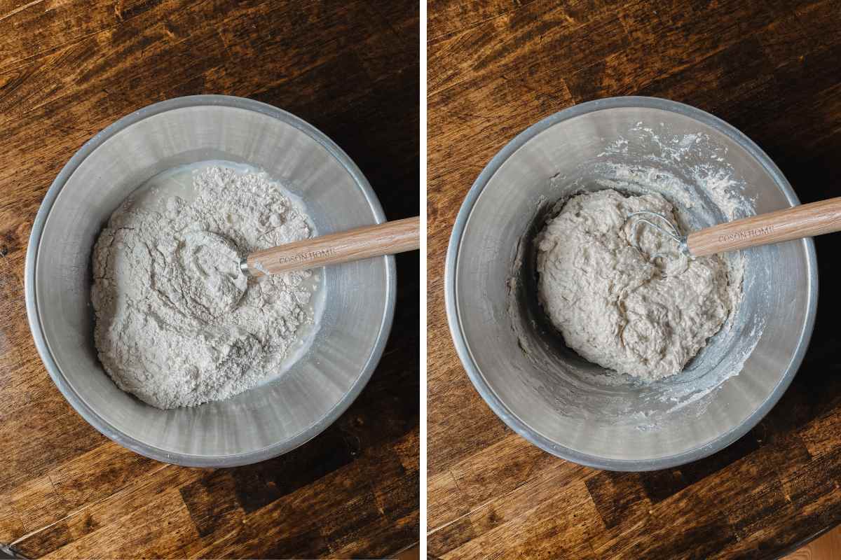Grid of 2 metal mixing bowls containing flour, salt, water and active sourdough starter with wooden handle whisk