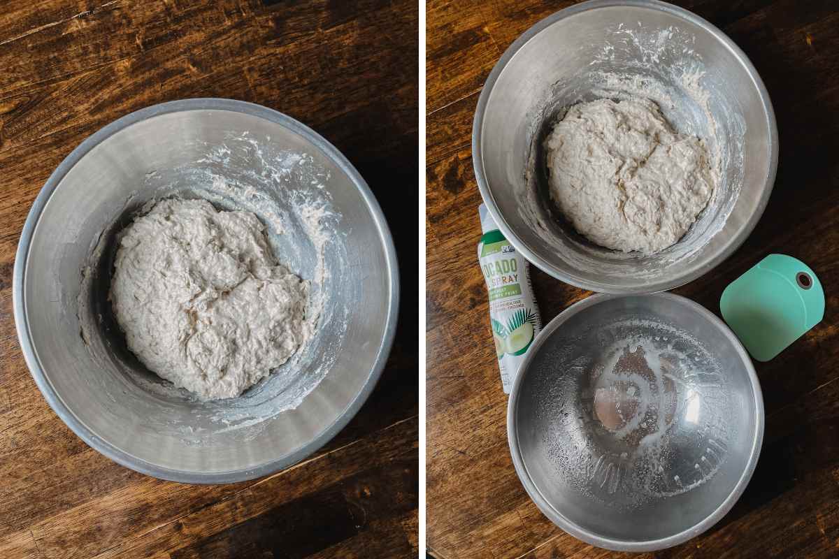 Grid of 2 images; image on left of sourdough focaccia dough in metal bowl; image on right of sourdough focaccia dough in metal bowl with wooden handle whisk above and below a greased metal bowl, avocado oil spray, a rubber scraper