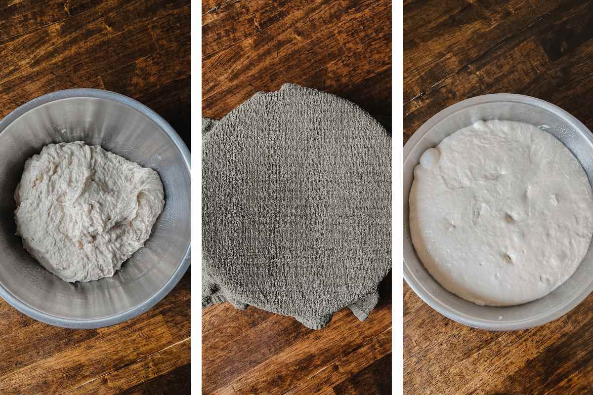 Grid of three photos; image on left sourdough focaccia dough resting in metal bowl; image in center metal bowl covered by damp towel; image on right bubbly focaccia dough in metal bowl