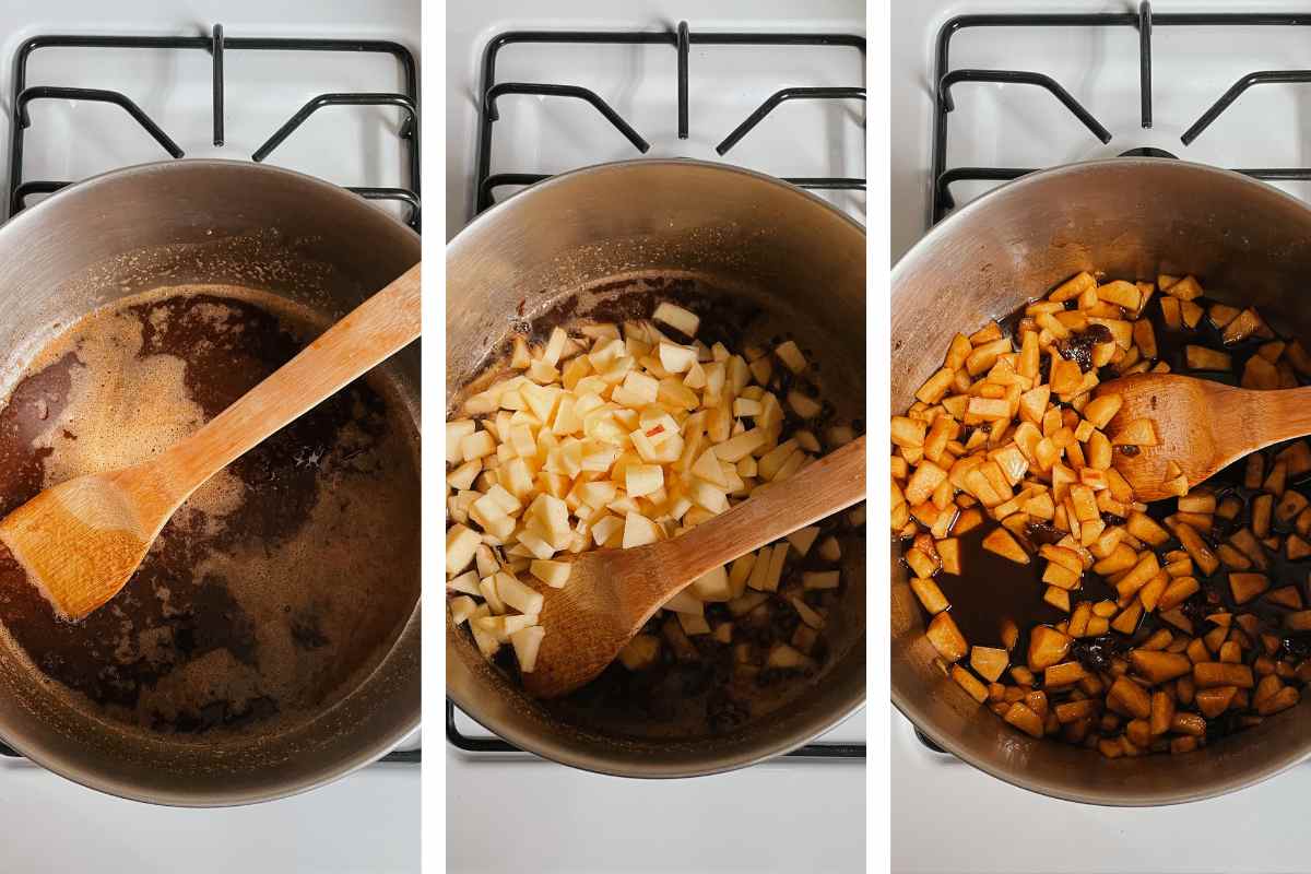 Grid of three images; image on left of metal saucepan containing sourdough apple fritter focaccia filling; image in center of apple chunks being added to saucepan; image on right of filling and apples stirred together