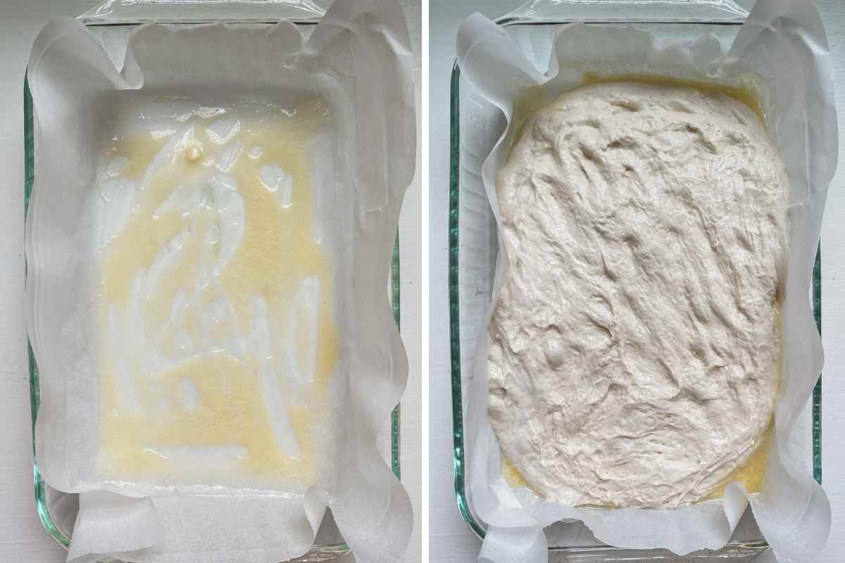 Grid of two photos; image on left of parchment paper in glass baking dish with melted butter; image on right sourdough focaccia dough in greased baking pan
