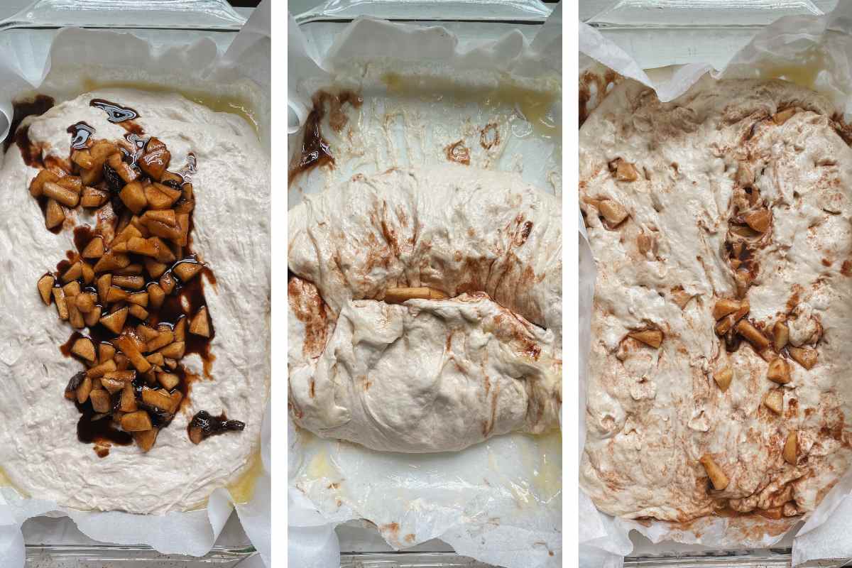 Grid of three photos of sourdough apple fritter focaccia being folding into parchment paper lined baking dish