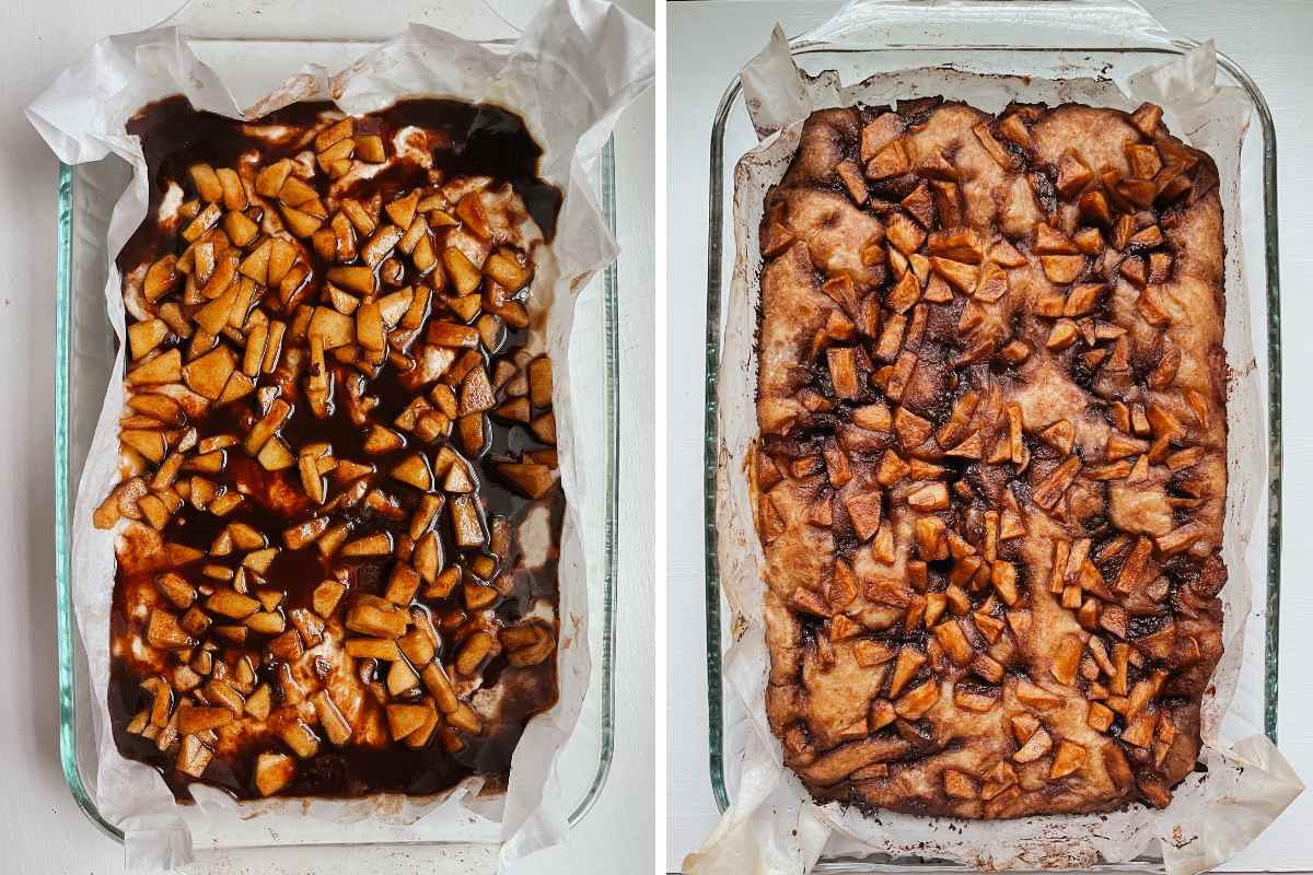 Grid of 3 photos; on left unbaked sourdough apple fritter sourdough focaccia; on right baked sourdough apple fritter focaccia in parchment paper lined glass baking dish