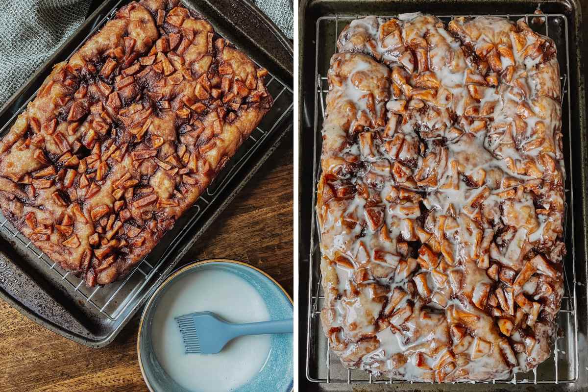 Grid of two photos; on left image of baks apple fritter sourdough focaccia on a wire rack resting on mental baking tray with a bowl of icing glaze and brush next to it; on right baked apple fritter sourdough focaccia covered in icing glaze