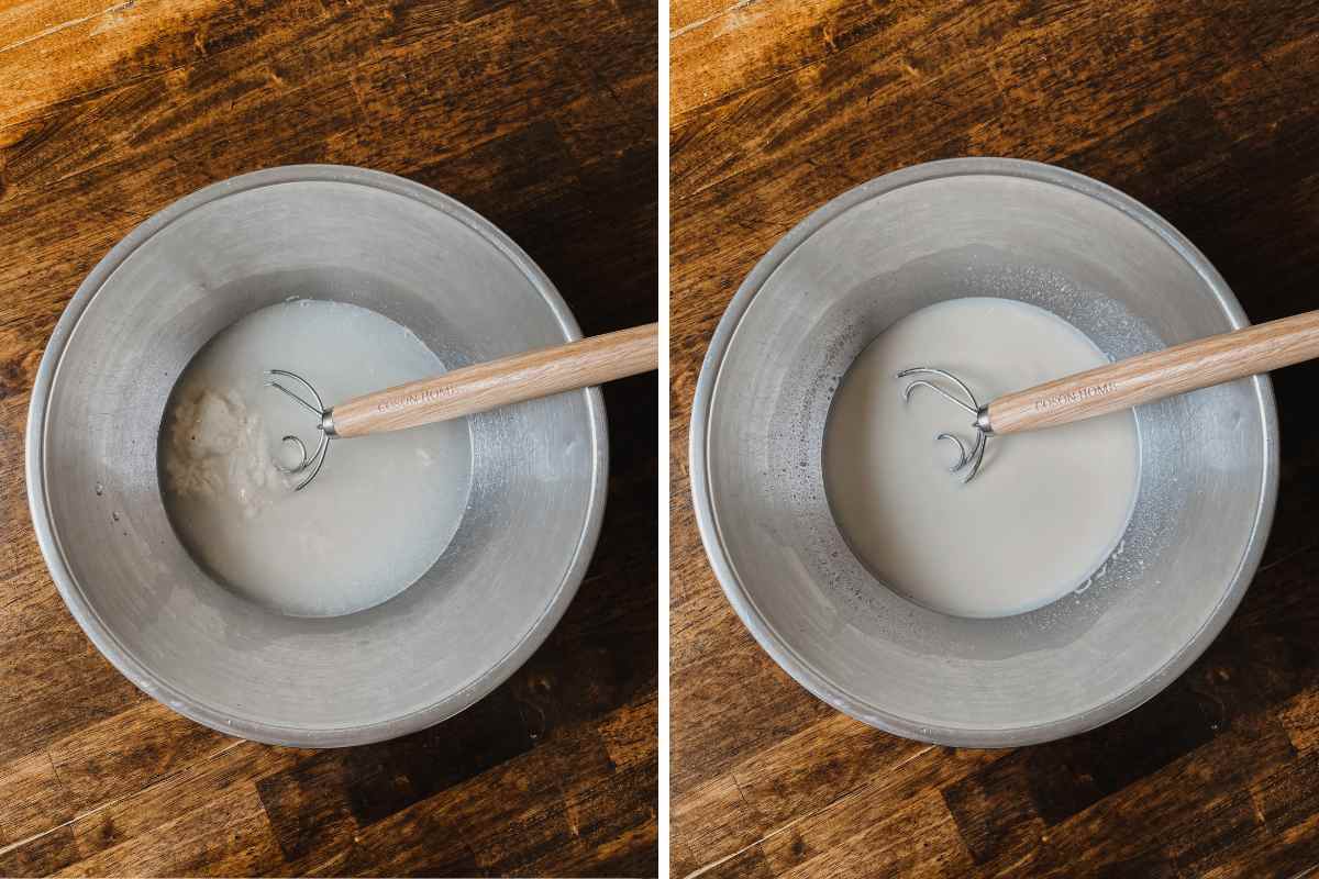Grid of 2 metal mixing bowls containing water and active sourdough starter with wooden handle whisk