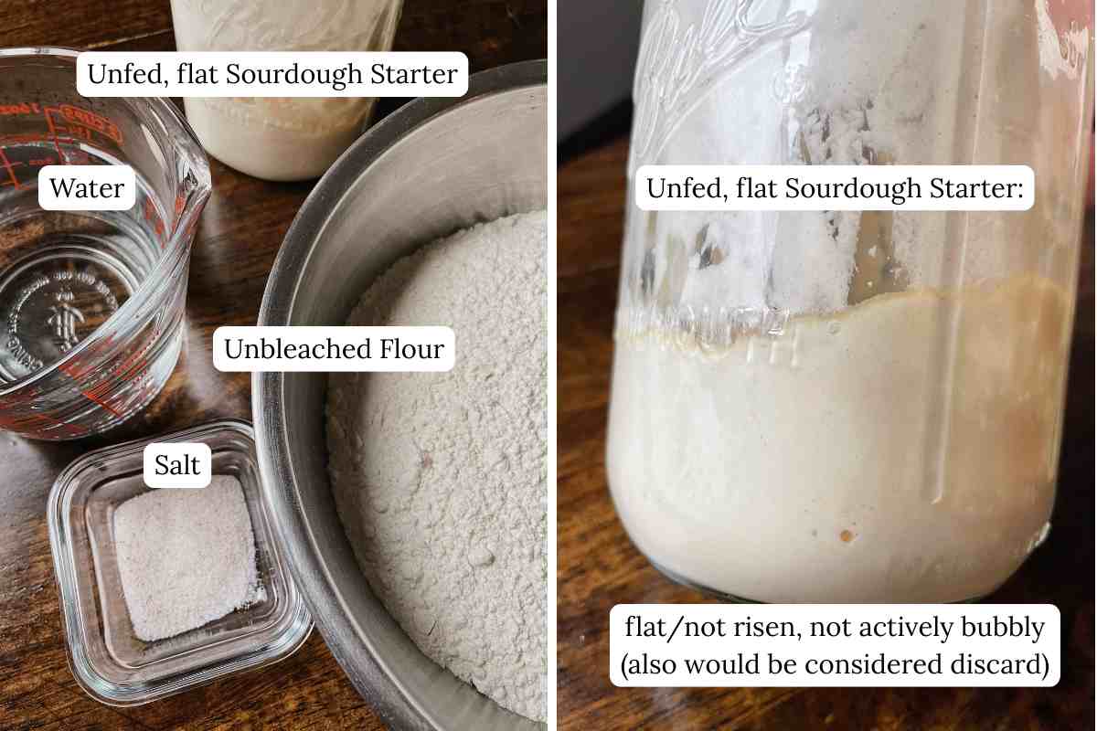 Grid of two photos; on left labeled water, salt, unbleached flour, and flat, unfed sourdough starter; on left labeled flat, unfed sourdough starter in jar with text at the bottom that reads flat/not risen, not actively bubbly (also would be considered discard)
