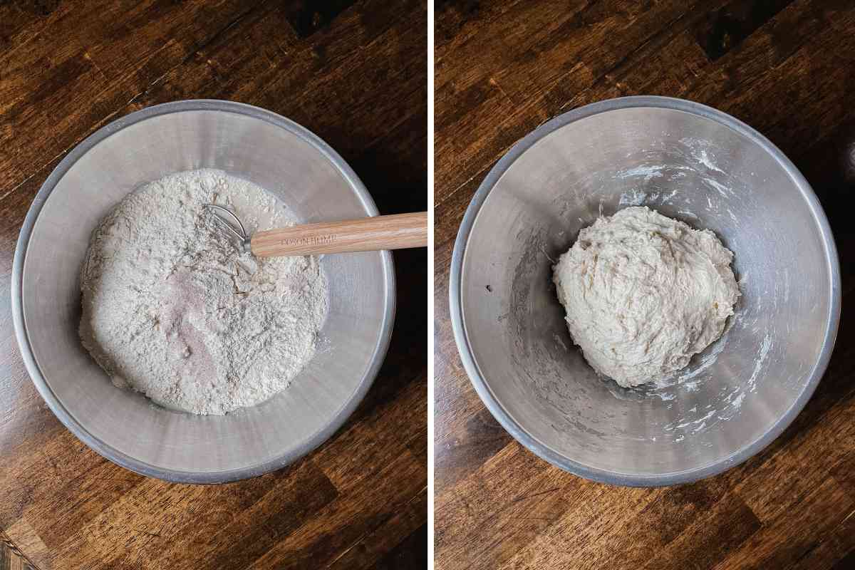 Grid of 2 metal mixing bowls containing flour, salt, water and active sourdough starter with wooden handle whisk on left; dough in bowl on right