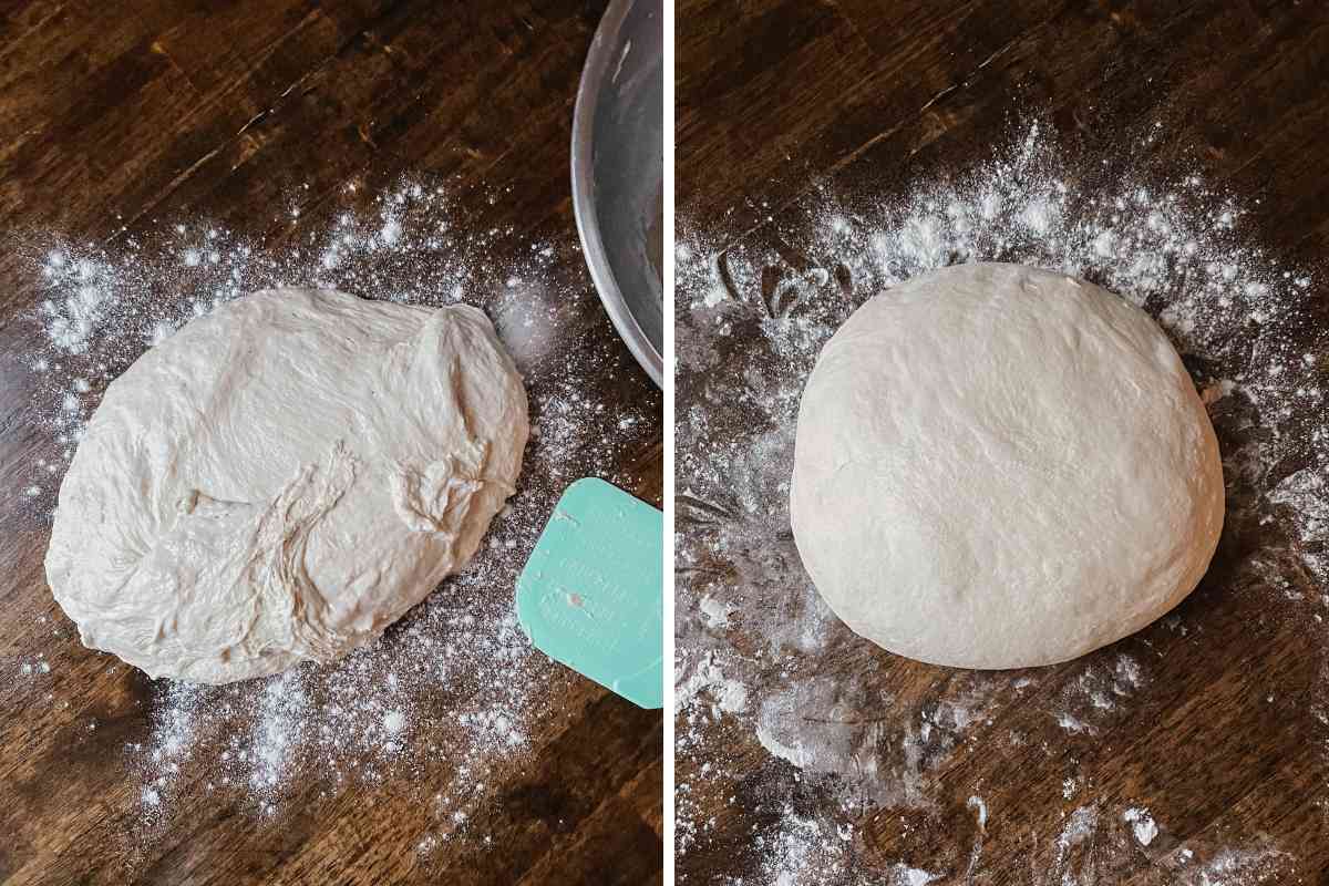 Grid of 2 photos; on left unshaped unloaf sourdough bread dough on floured tabletop with rubber scraper; on right unloaf sourdough bread dough shaped into a ball