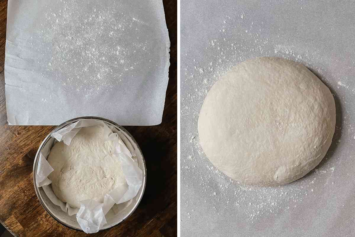 Grid of 2 photos; on left tabletop shot of floured parchment paper above and bowl with bulk fermented unloaf sourdough bread dough in wax paper sitting in metal mixing bowl; on left dough on parchment paper