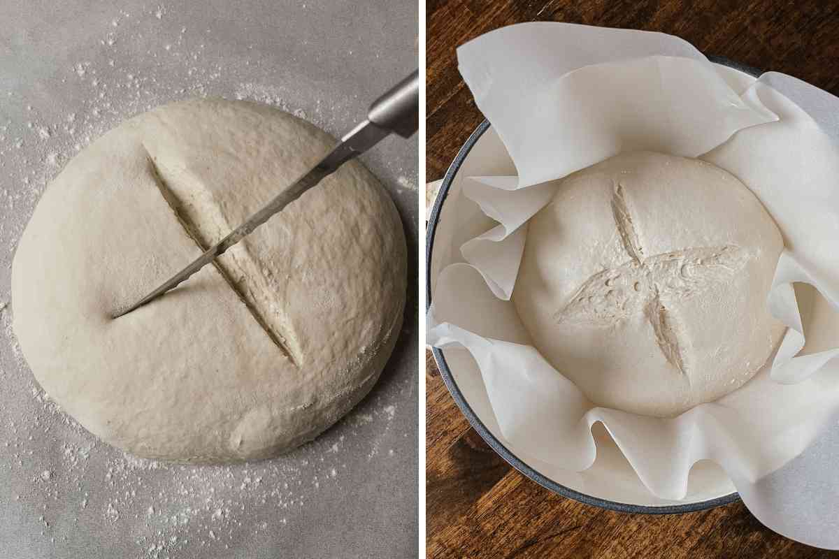 Grid of 2 photos: on left sourdough unload bread dough being cut by sharp knife; on right dough on parchment paper set in cast iron dutch oven