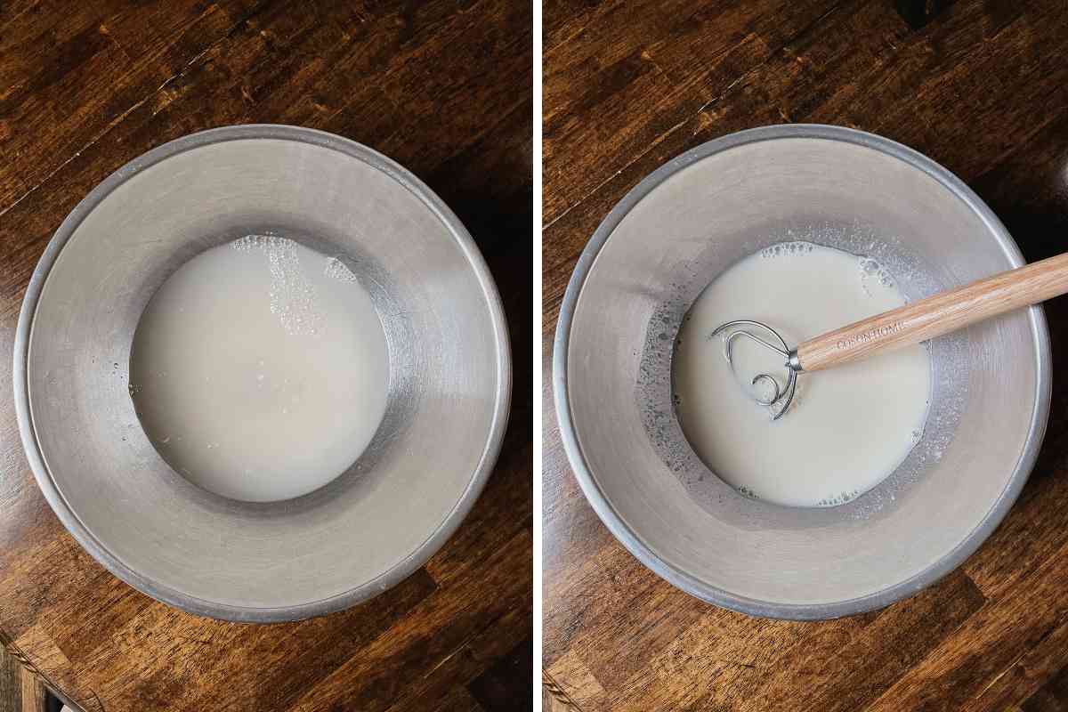 Grid of 2 metal mixing bowls containing water and active sourdough starter with wooden handle whisk