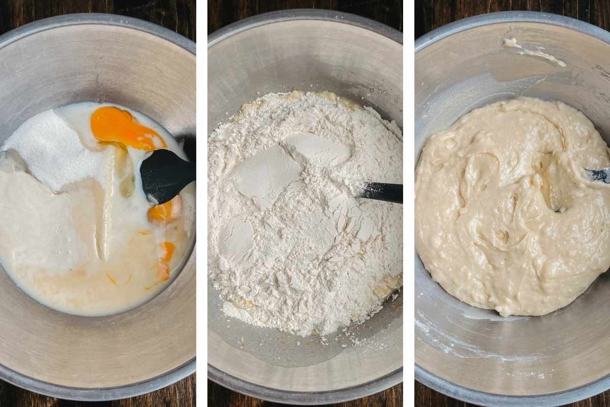 Grid of 3 photos of sourdough coffee cake muffin batter in a metal progressively adding ingredients and being stirred