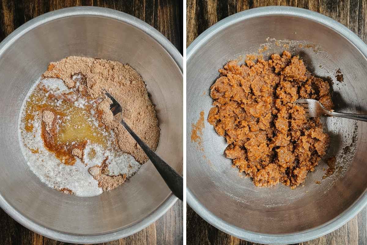 Grid of 2 photos of metal mixing bowl with ingredients for sourdough coffee cake muffins topping; bowl on left has ingredients unmixed with a fork sitting in the bowl; bowl on right shows ingredients stirred together
