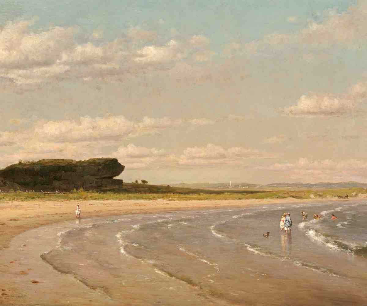 Vintage coastal painting of sandy beach with people wading in the water