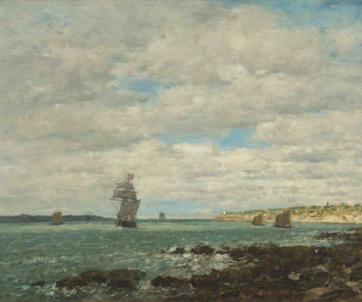 Vintage coastal painting of sailing ships next to a rocky coastline