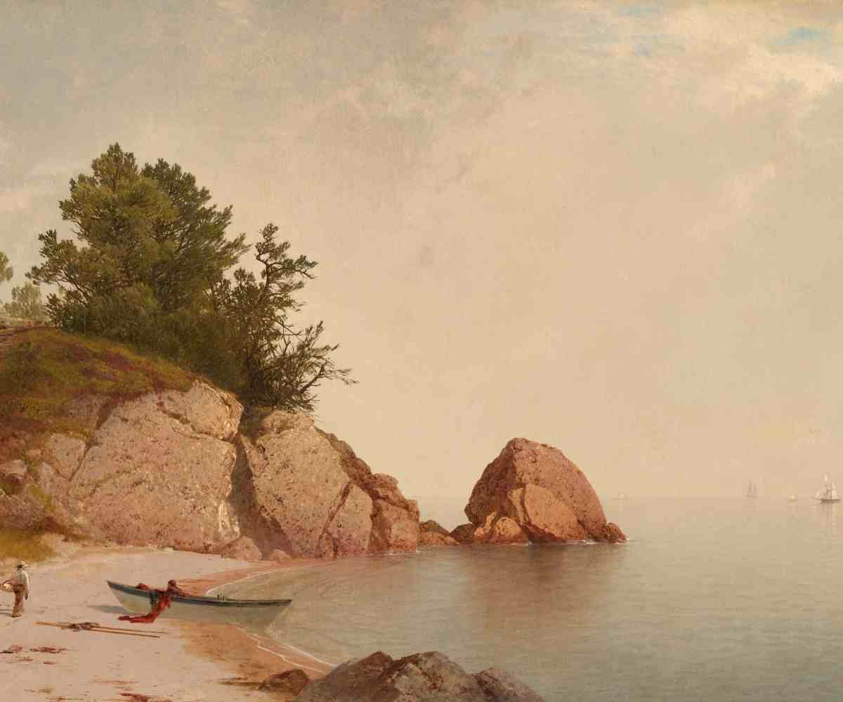 Vintage coastal painting of rowboat on a sandy beach of a rocky coastline and flat, calm water