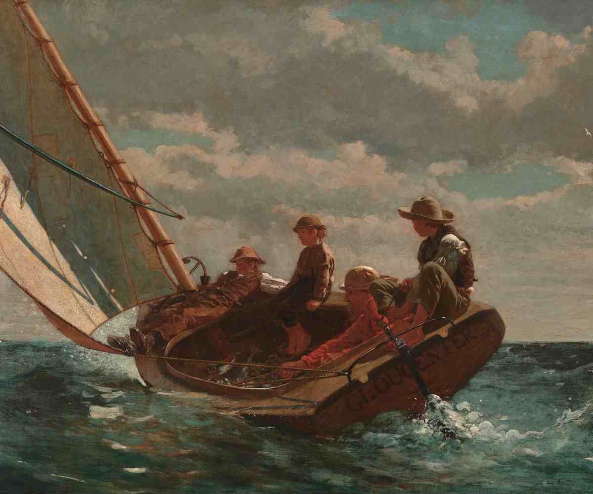 Vintage coastal painting of a main and three young boys lounging in a sailboat