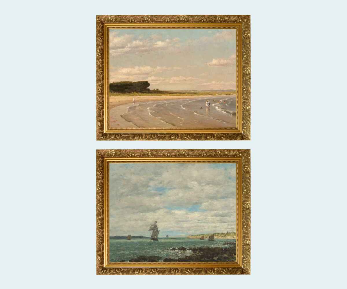 Grid of 2 coastal wall art prints in gold frames