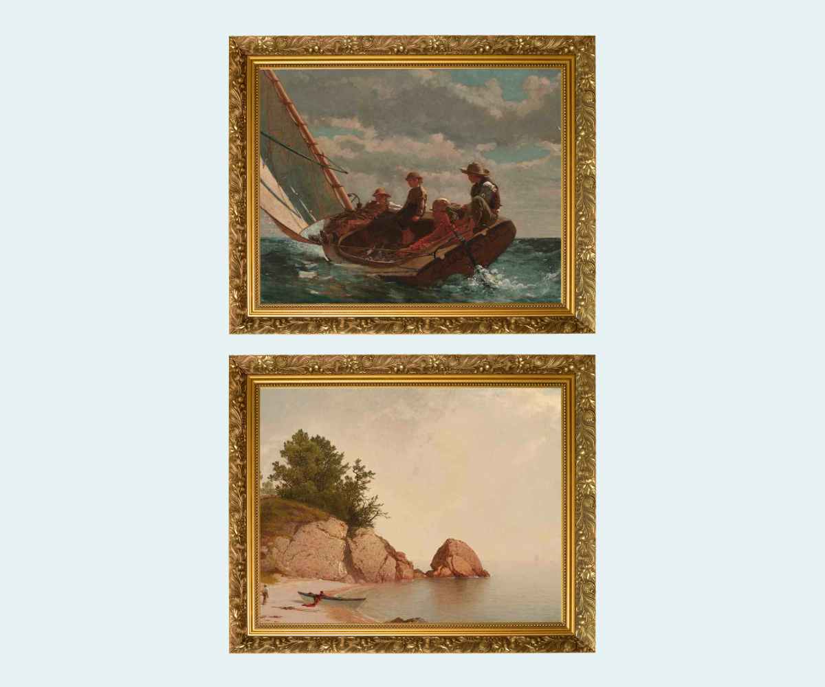 Grid of 2 coastal wall art prints in gold frames