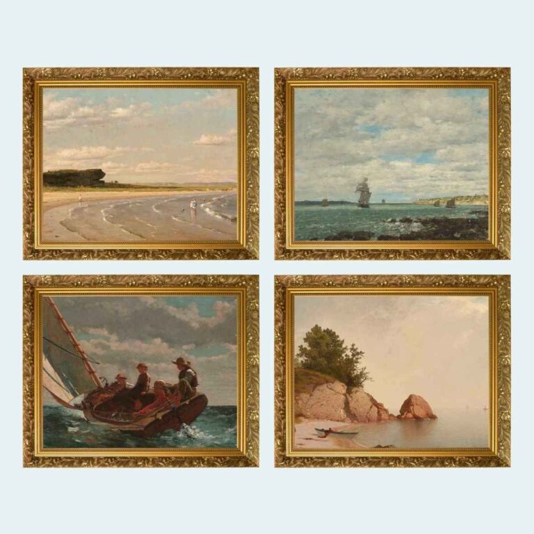 Grid of 4 coastal wall art prints in gold frames