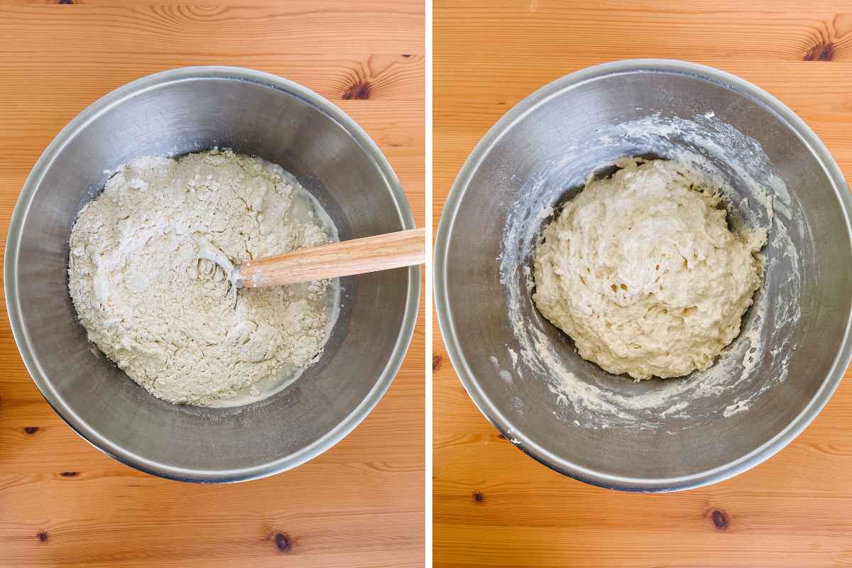 Grid of 2 metal mixing bowls containing flour, salt, water and active sourdough starter with wooden handle whisk on right: on left easy sourdough focaccia dough