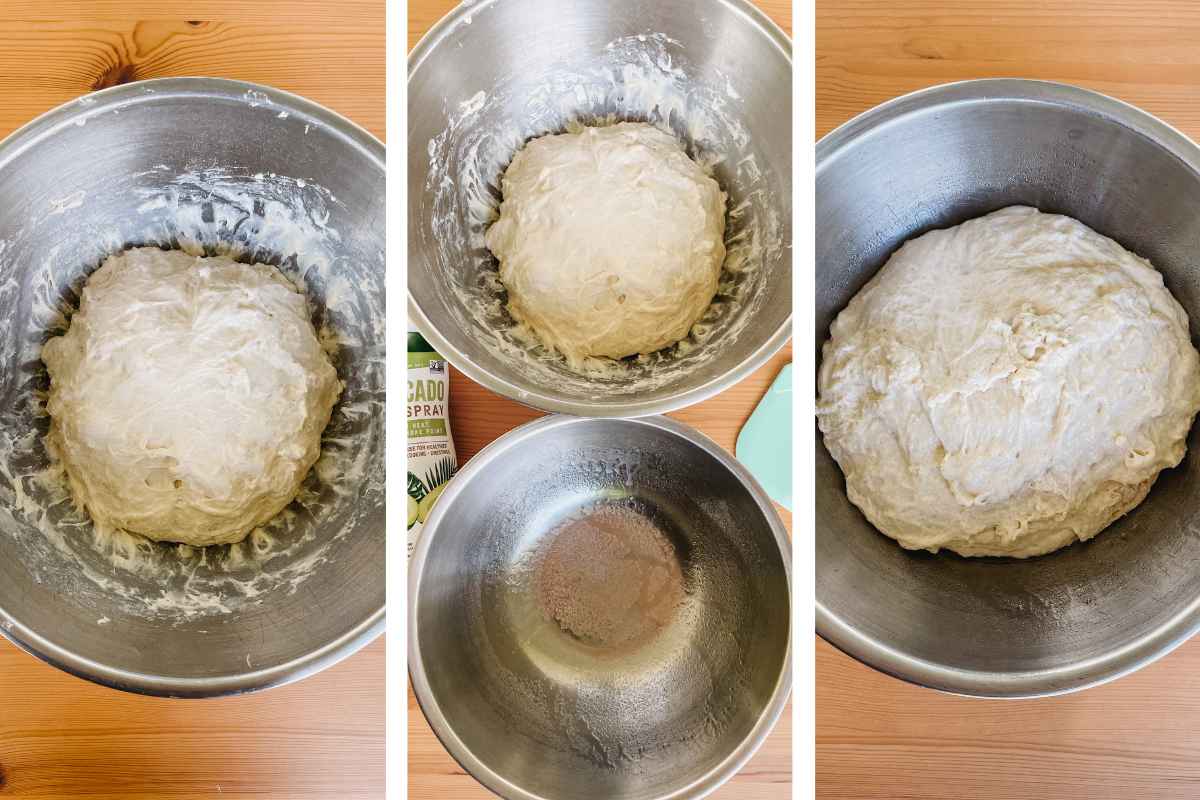 Grid of 3 images; image on left of sourdough focaccia dough in metal bowl; image in center of sourdough focaccia dough in metal bowl above and below a greased metal bowl and avocado spray; image on right proofed sweet sourdough focaccia dough in metal bowl