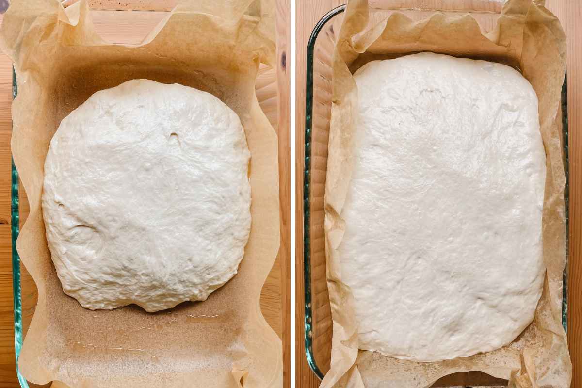 Grid of 2 photos; image on left of parchment paper in glass baking dish with sweet sourdough focaccia dough; image on right expanded sweet sourdough focaccia dough in greased baking pan