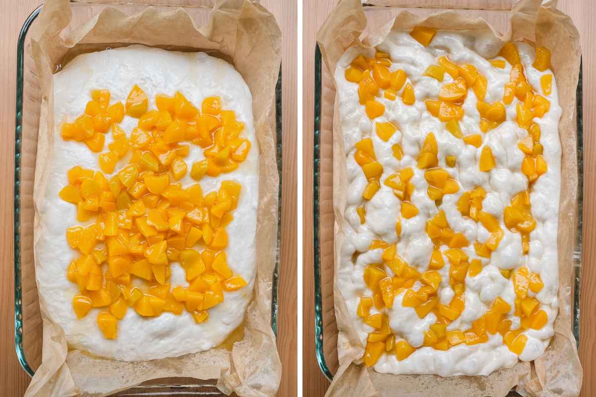 Grid of 2 photos; on left unbaked sweet sourdough focaccia with peach topping on dough; on right sweet sourdough focaccia with peach topping dimpled into dough