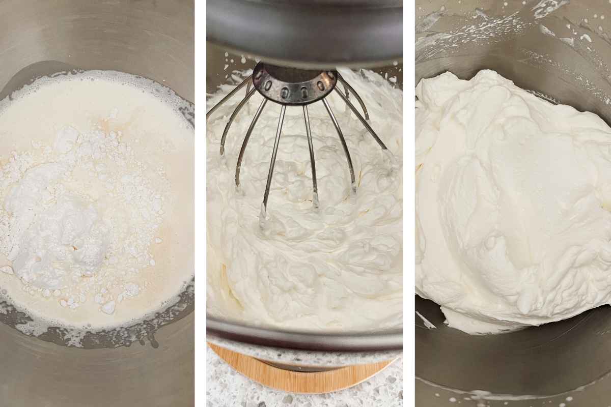 Grid of 3 photos; on left heavy whipping cream, vanilla extract, and powdered sugar in metal mixing bowl; in center homemade whipping cream in kitchen aid mixer being mixed with whisk attachment; on right homemade whipped cream in metal mixing bowl