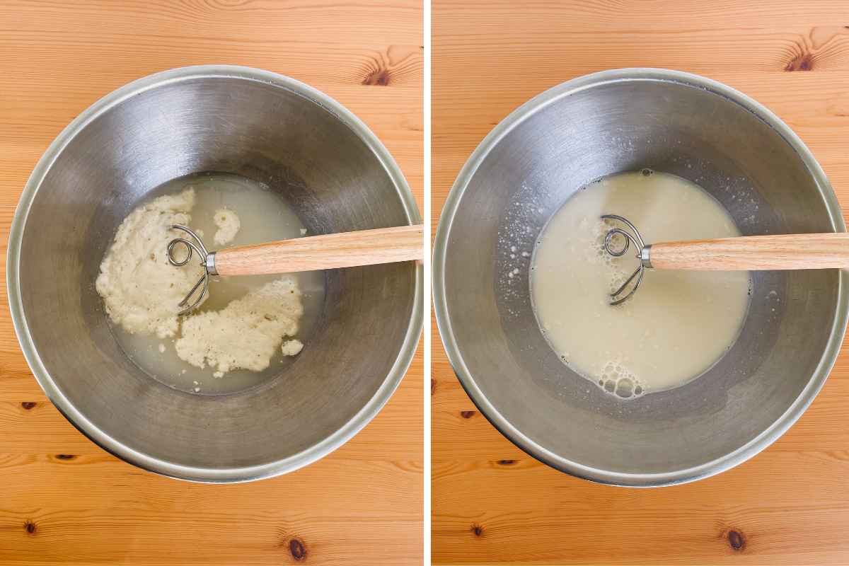 Grid of 2 metal mixing bowls containing flour, salt, water and active sourdough starter with wooden handle whisk
