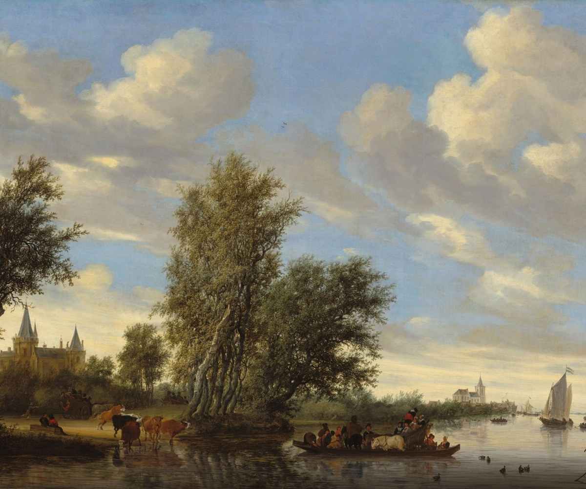Vintage river landscape art print of river ferry boat with people and cows on riverbank with sailboats in the background