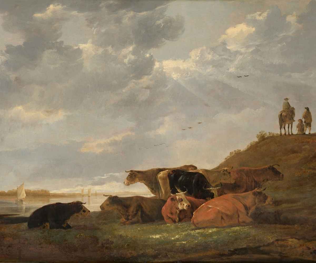 Vintage river landscape art print of a small herd of cows laying or standing near a riverbank and small family on a small hill to the right of the river