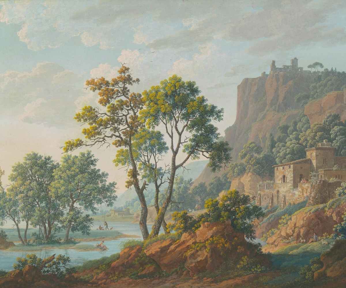 Vintage river landscape art print of rocky gorge wall with a stone castle, trees, and blue river