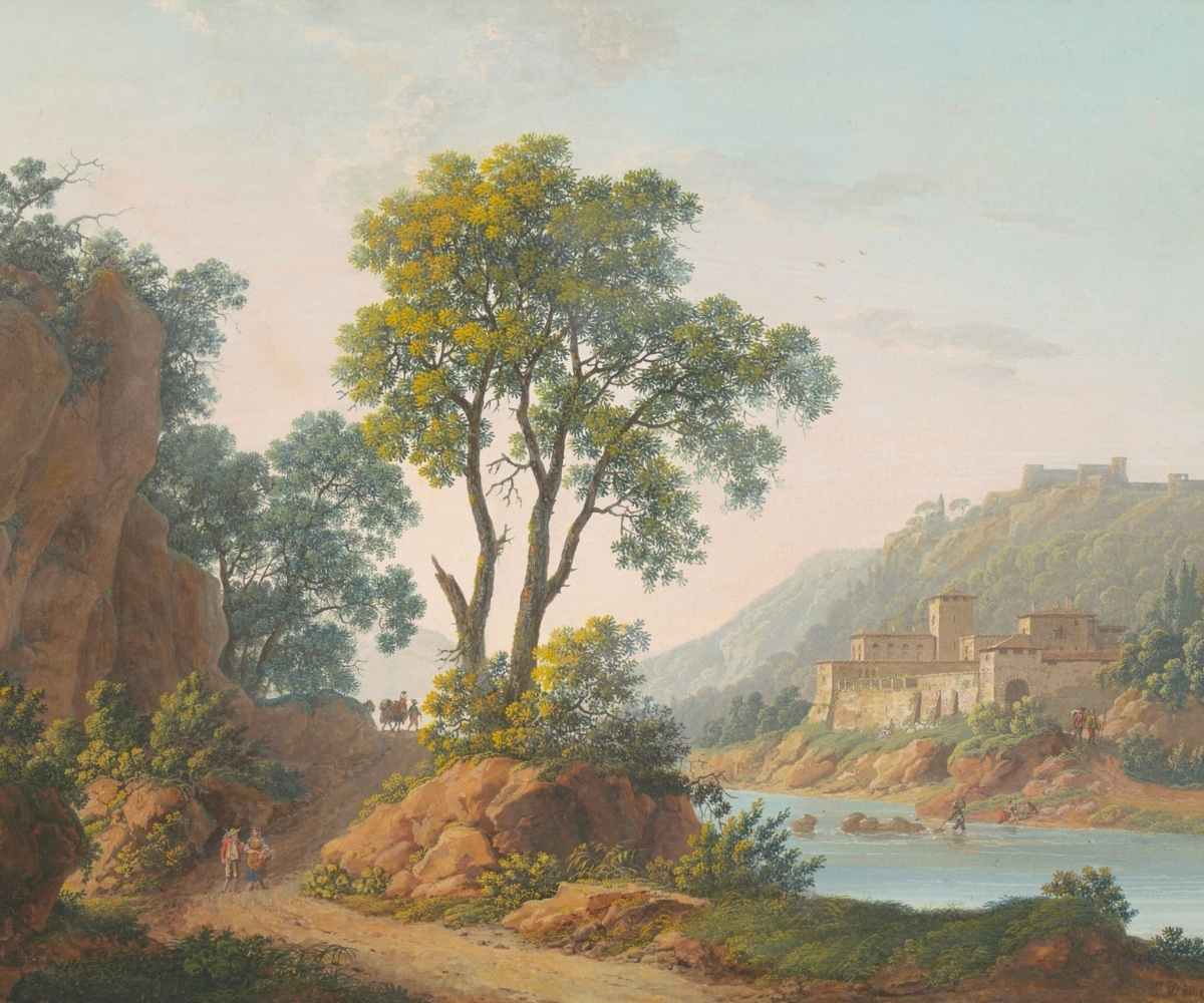 Vintage river landscape art print of rocky gorge wall with a stone castle, trees, dirt road, and blue river