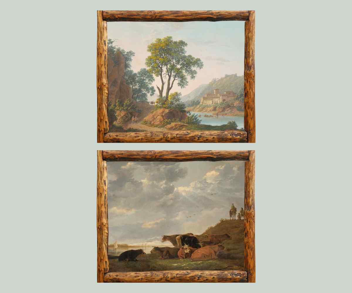 Grid of 2 vintage river landscape art printables in wooden frames
