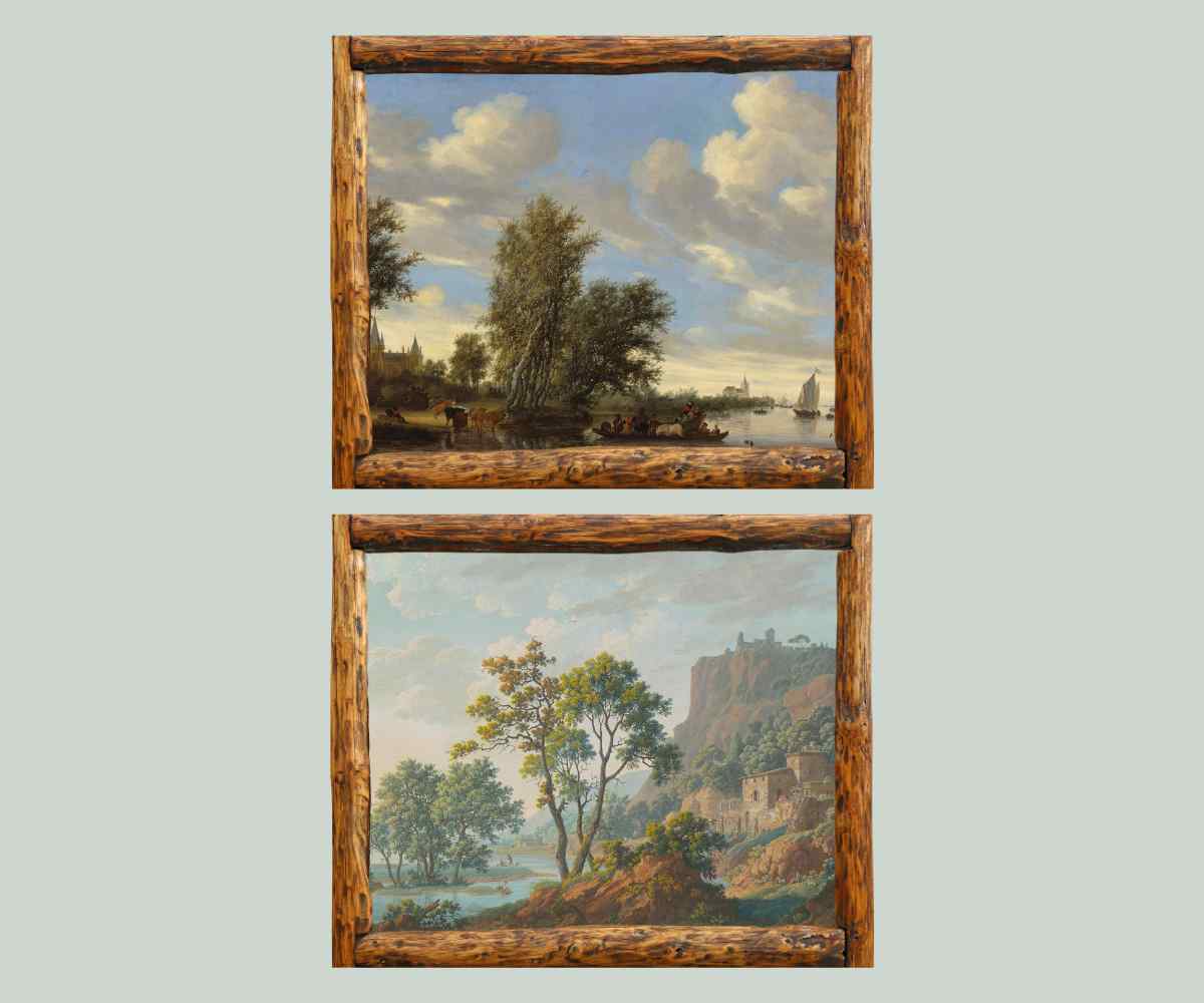 Grid of 2 vintage river landscape art printables in wooden frames