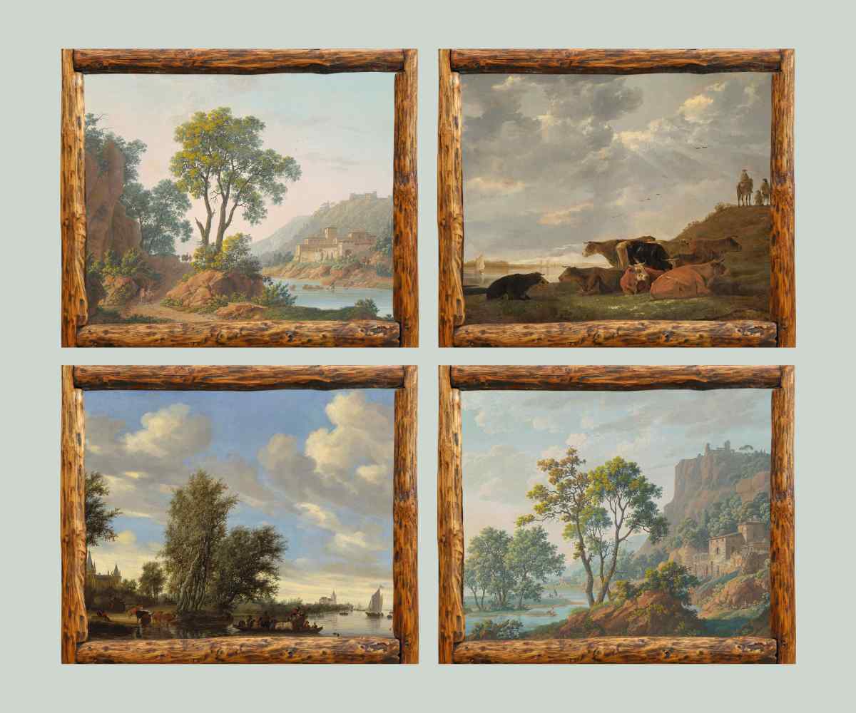 Grid of 4 vintage river landscape art printables in wooden frames