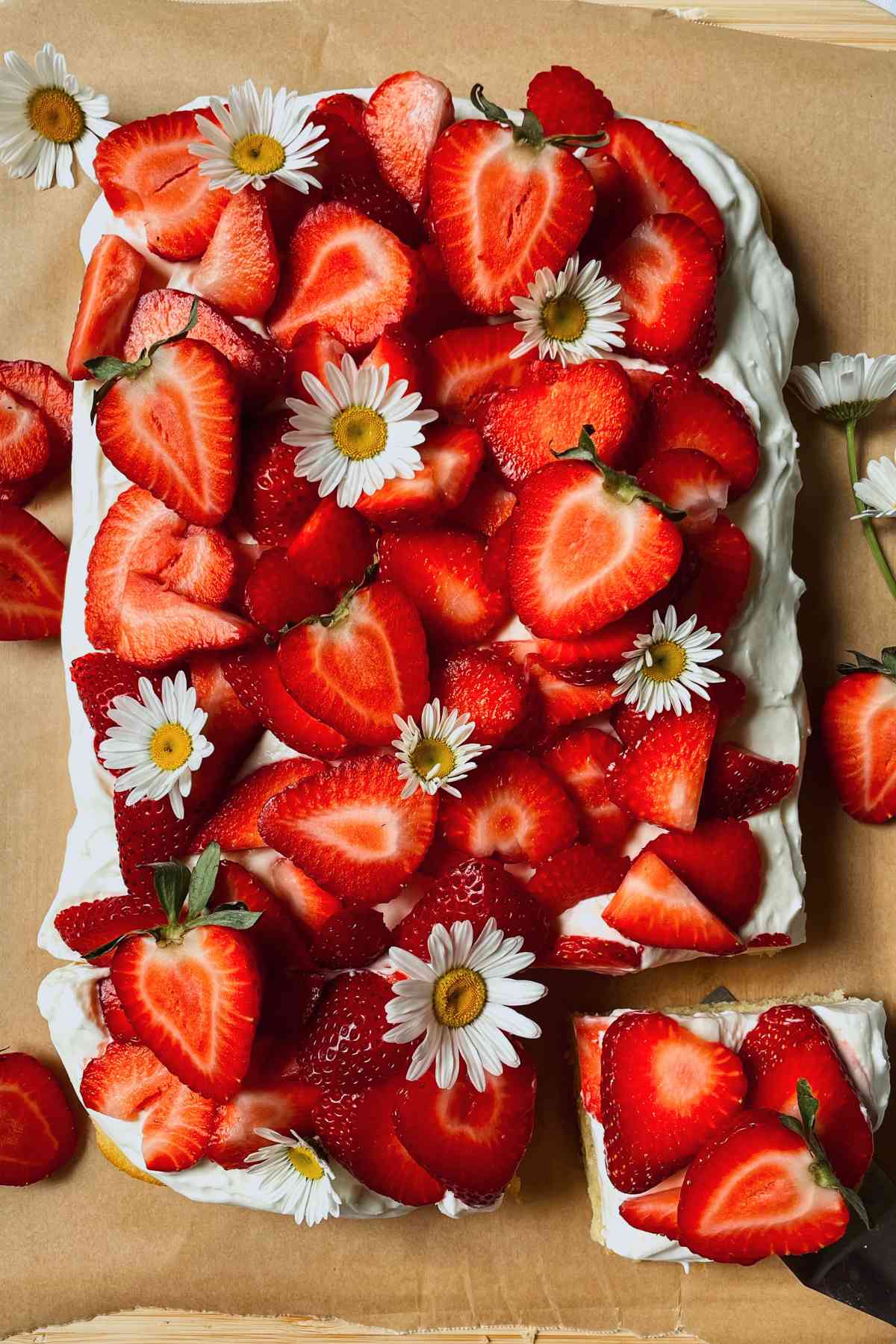 Sourdough discard strawberry shortcake bar with layer of shortcake, cream cheese frosting, and topped with sliced strawberries and white daisy flowers sitting on brown parchment paper with square piece taken from bottom right corner with serving utensil