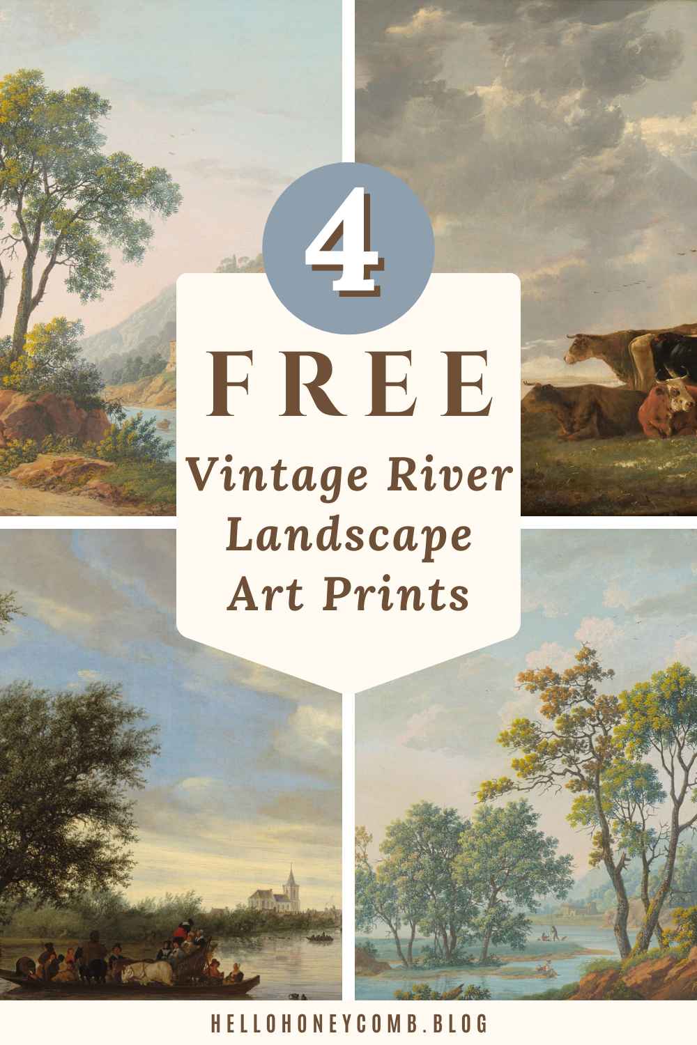 grid of 4 vintage river landscape prints with text overlaid that reads 4 Free Vintage River Landscape Art Prints