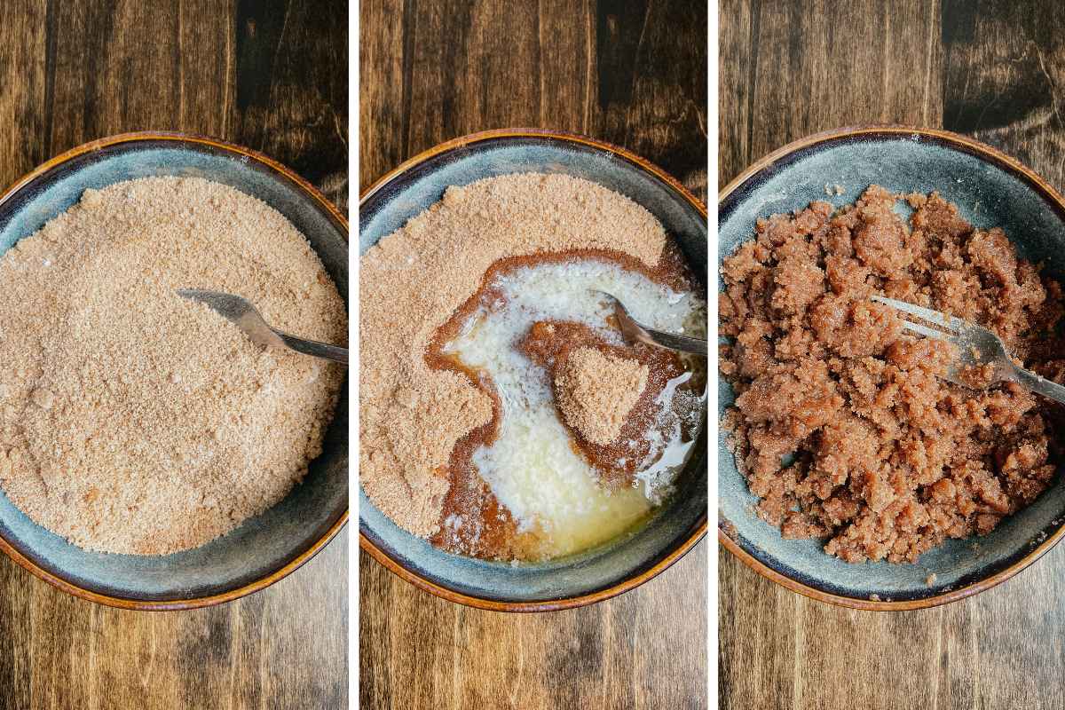 Grid of 3 photos of cinnamon sugar coffee cake filling in bowls with a fork mixing